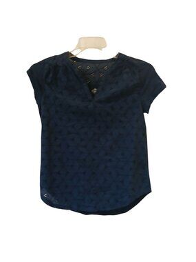 St. Johns Bay Womens Small Navy Blue Eyelet Short Sleeve Top  V-Neck #D-33
